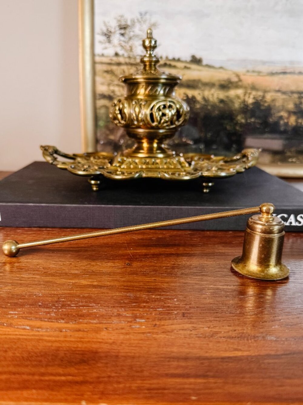 Vintage Brass Candle Snuffer Long Handle Pivoting Bell Patina Unpolished Candle